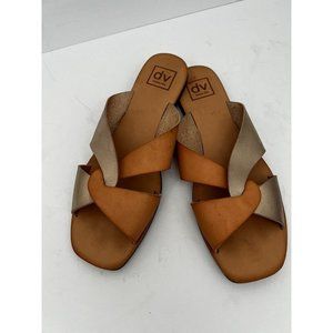 Dolce Vita Womens 9.5 Derby Tan Pewter Slip On Sandals Flats Slides Leather